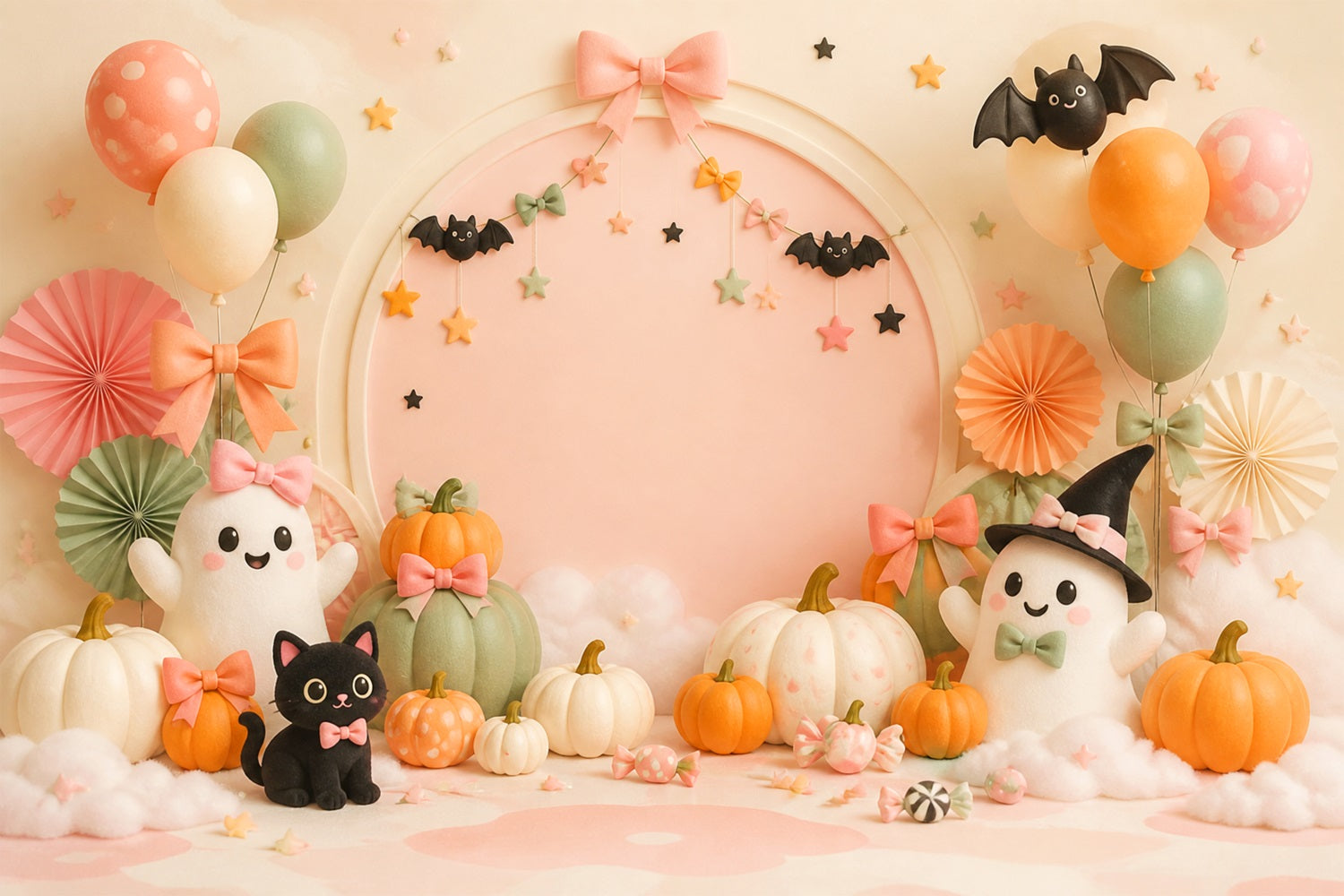 Cute Halloween Photo Backdrop Pastel Ghost Cat Pumpkins Backdrop Halloween LXX67-123