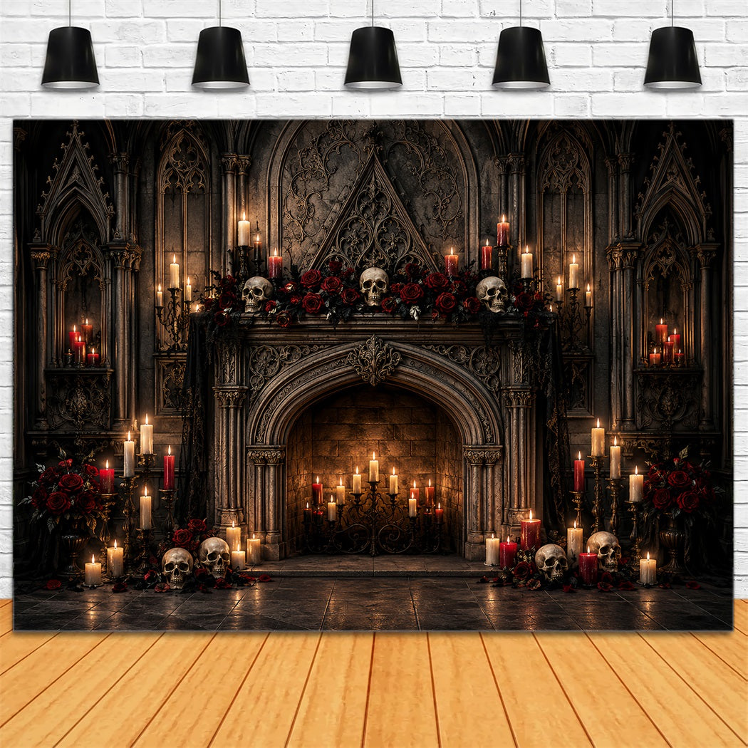 Photo Booth Halloween Backdrop Ideas Gothic Skull Candle Fireplace Halloween Picture Backdrop LXX67-125