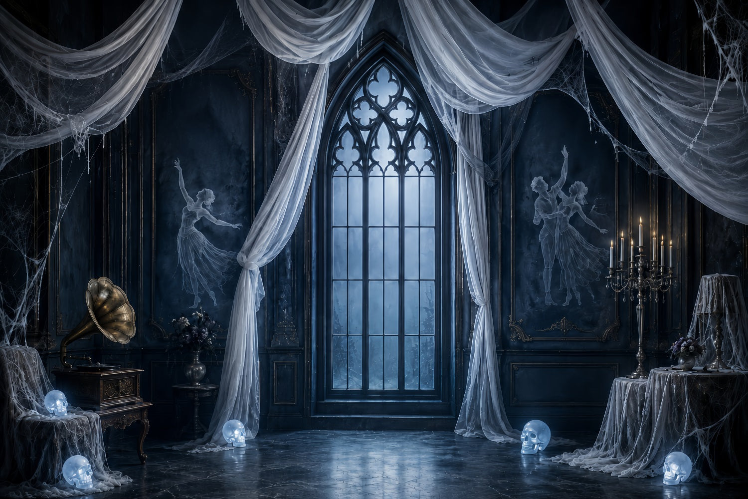 Halloween Ghost Backdrop Ghostly Gothic Window Drapes Scary Halloween Backdrop LXX67-128