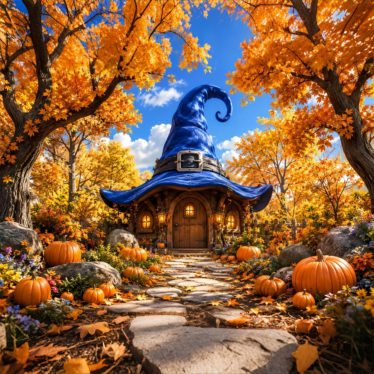 Halloween Cardboard Backdrops Autumn Witch Hat Cottage Halloween Photography Backdrop LXX67-129