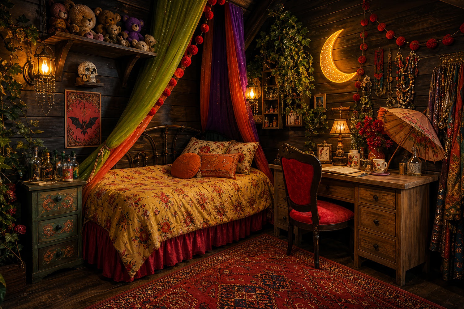Cute Halloween Photo Backdrop Bohemian Witch Bedroom Moonlight Backdrop Halloween LXX67-13