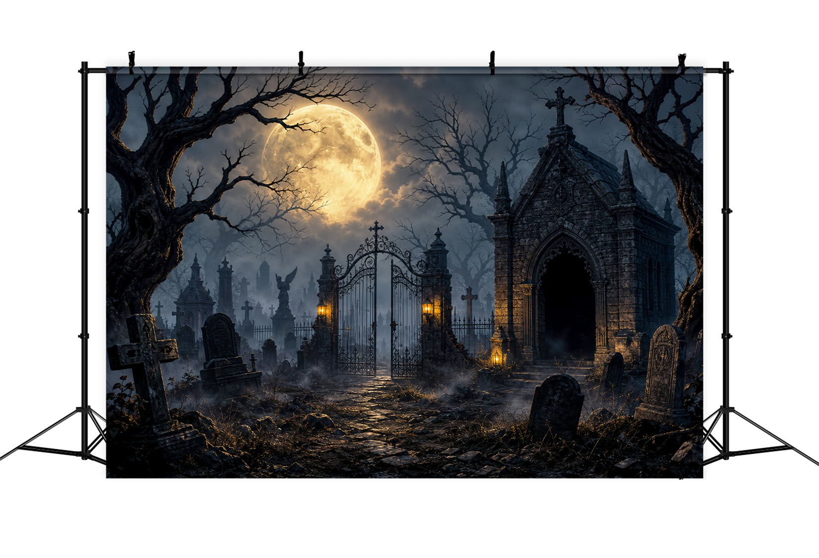 Halloween Graveyard Backdrops Moonlit Gothic Cemetery Gate Photo Booth Halloween Backdrop LXX67-132