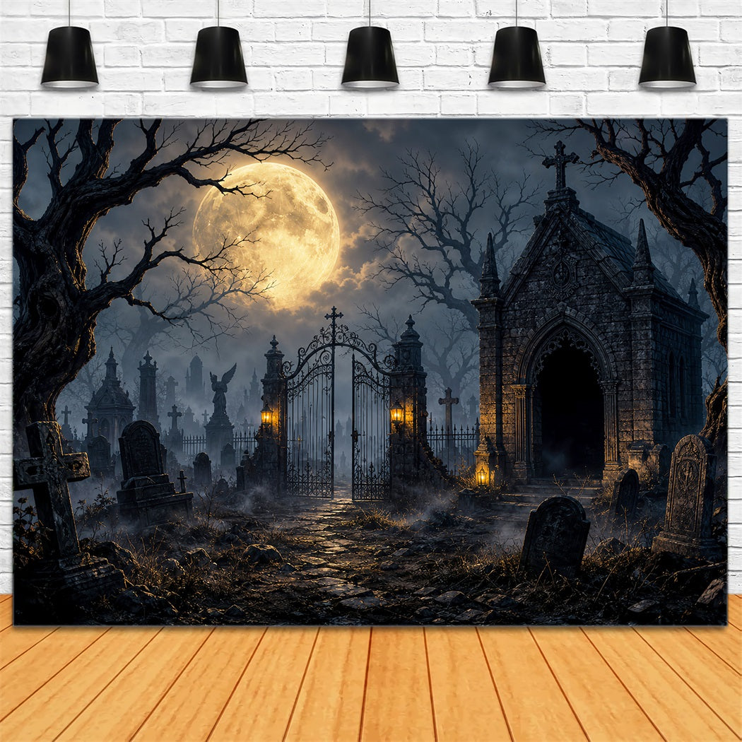 Halloween Graveyard Backdrops Moonlit Gothic Cemetery Gate Photo Booth Halloween Backdrop LXX67-132