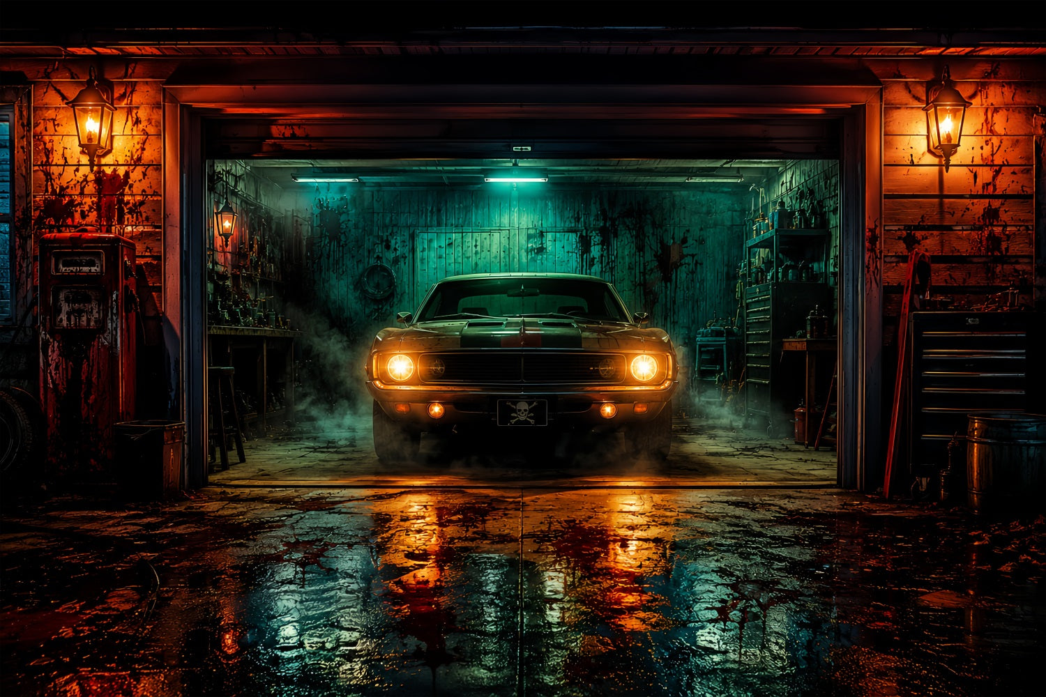 Halloween Garage Backdrop Haunted Muscle Car Barn Backdrops For Halloween LXX67-134