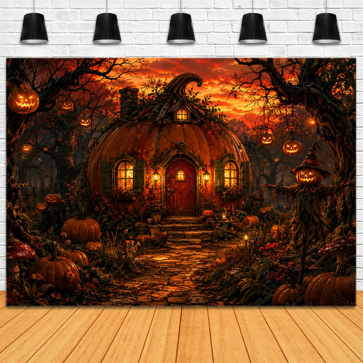 Halloween House Backdrop Pumpkin Cottage Forest Sunset Halloween Cemetery Backdrop LXX67-136