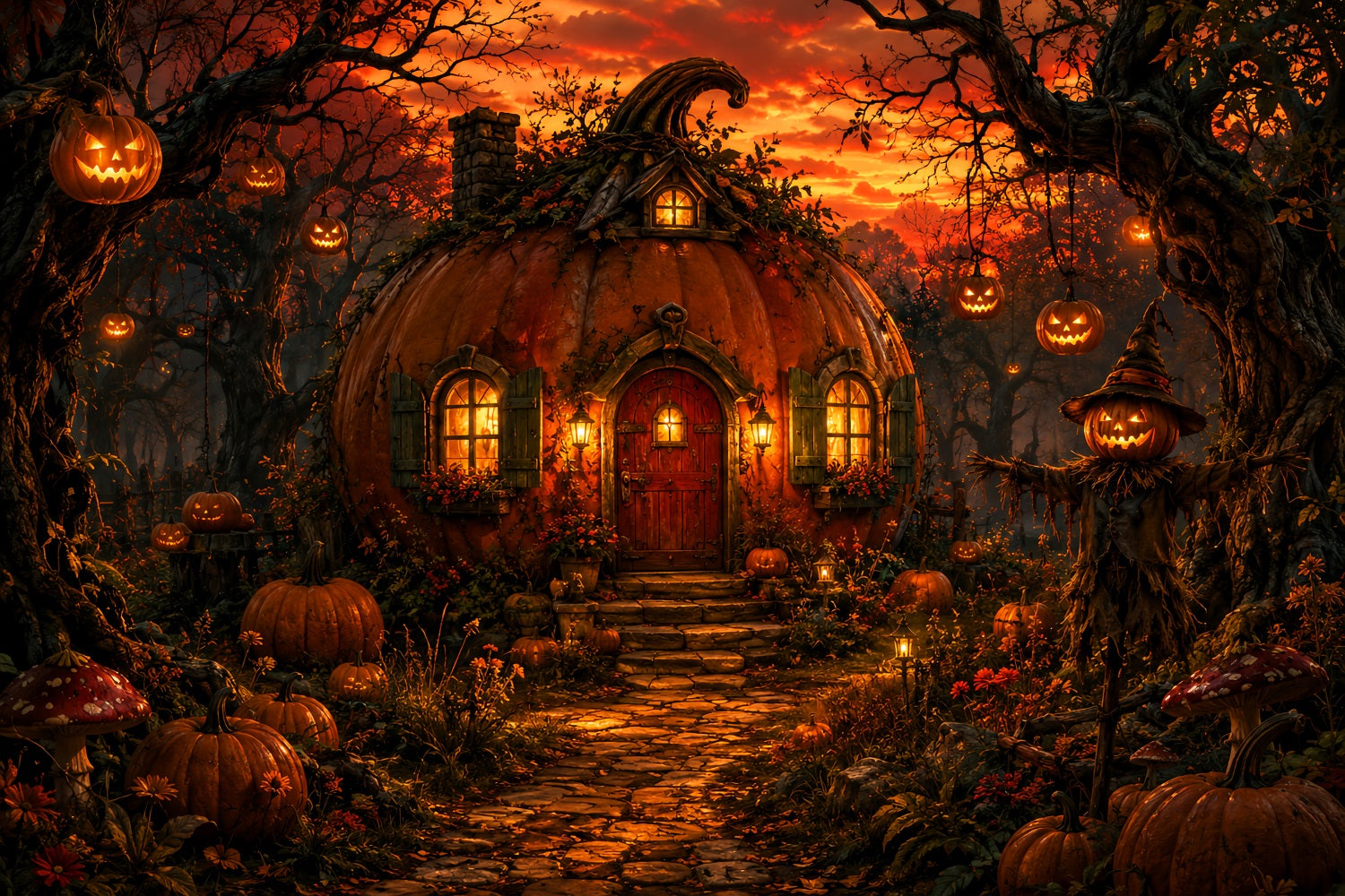 Halloween House Backdrop Pumpkin Cottage Forest Sunset Halloween Cemetery Backdrop LXX67-136