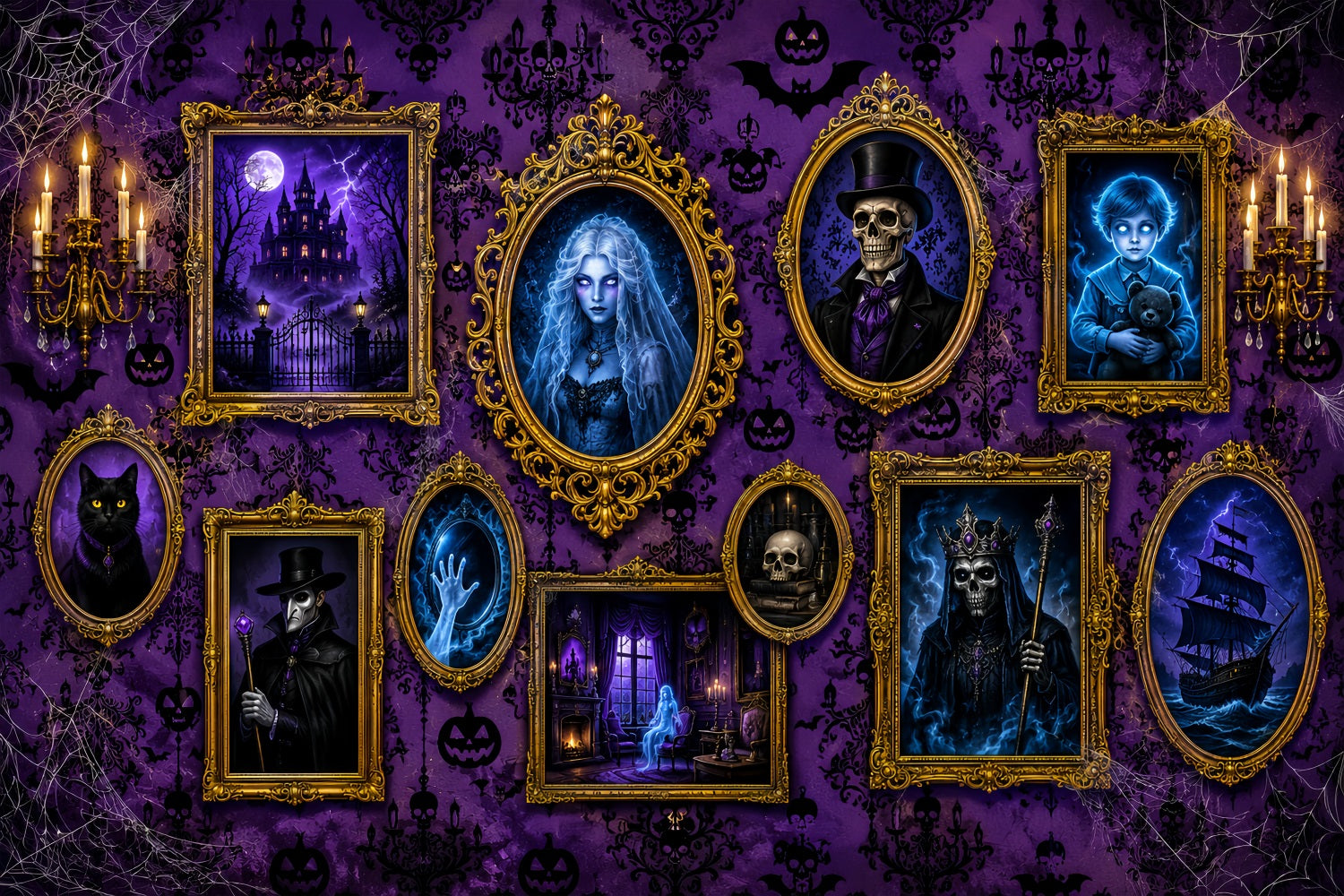 Fabric Halloween Backdrop Purple Haunted Portrait Gallery Halloween Backdrop For Pictures LXX67-138