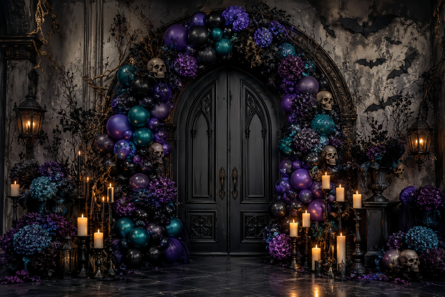 Halloween Balloon Backdrop Skull Door Floral Arch Halloween Themed Backdrop LXX67-139