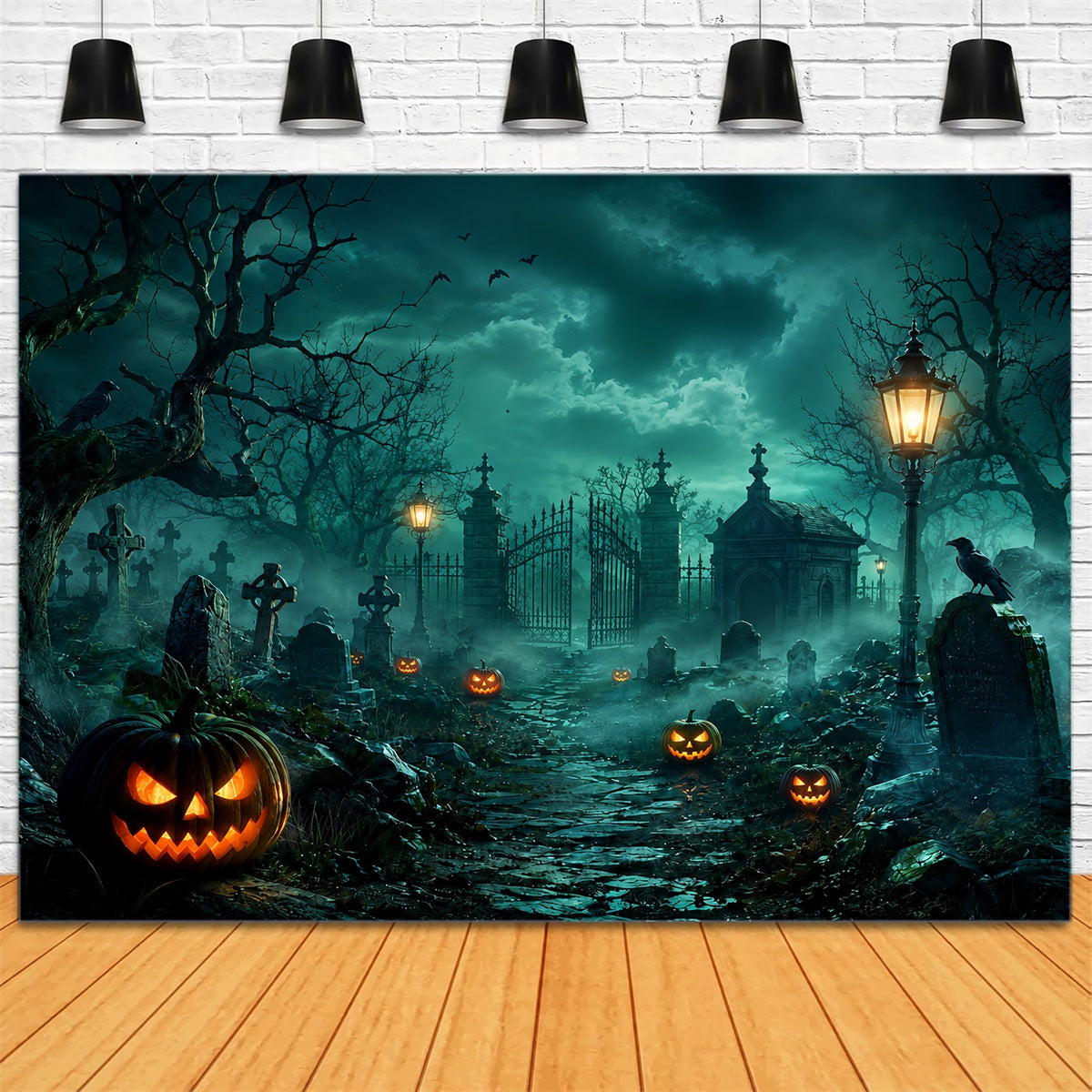 Custom Halloween Backdrop Foggy Graveyard Gate Pumpkins Halloween Graveyard Backdrop LXX67-14