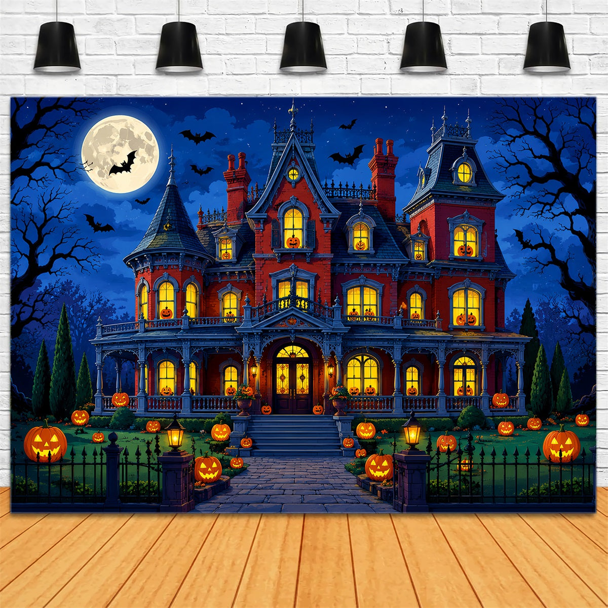 Halloween Backdrop Photo Booth Moonlit Pumpkin Manor Garden Backdrops Halloween LXX67-143