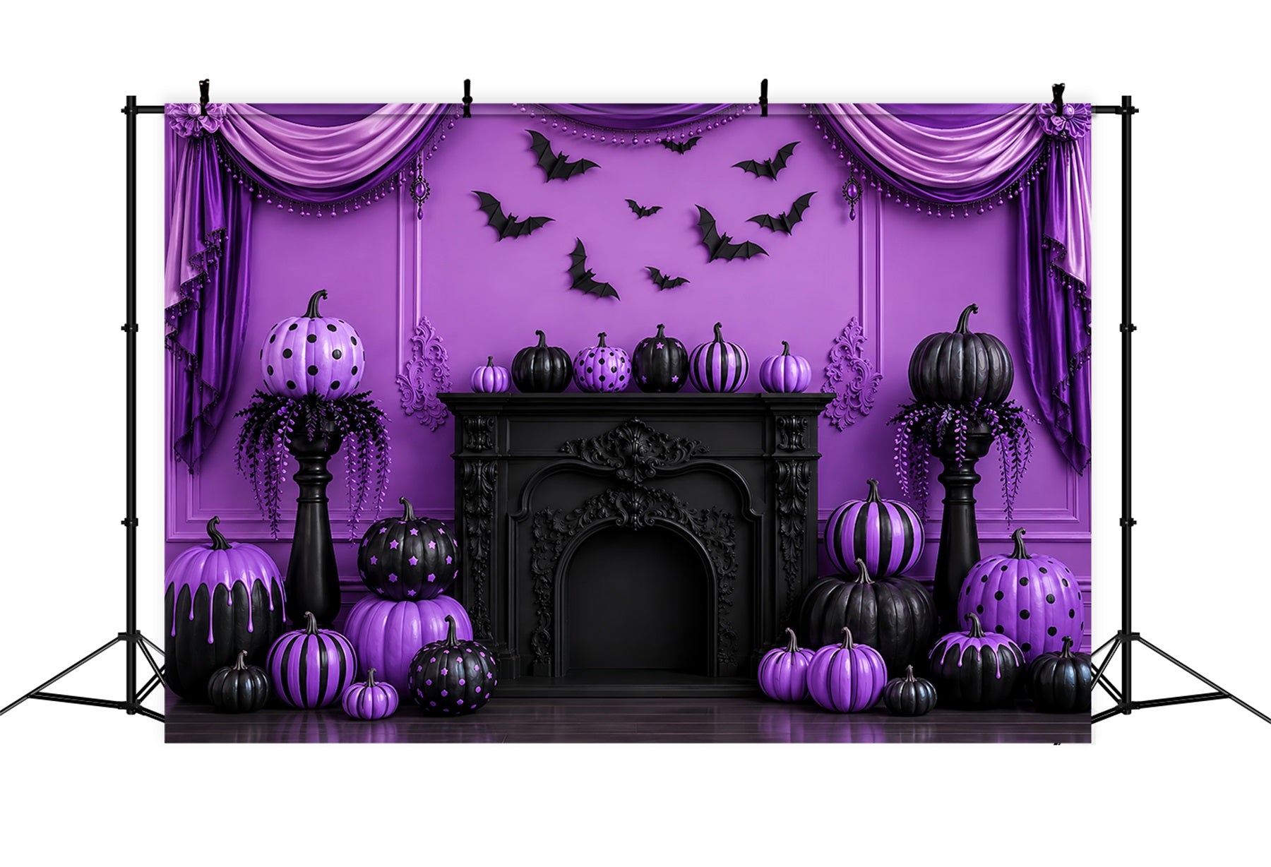 Halloween Stage Backdrop Purple Pumpkin Gothic Fireplace Halloween Photography Backdrops LXX67-144