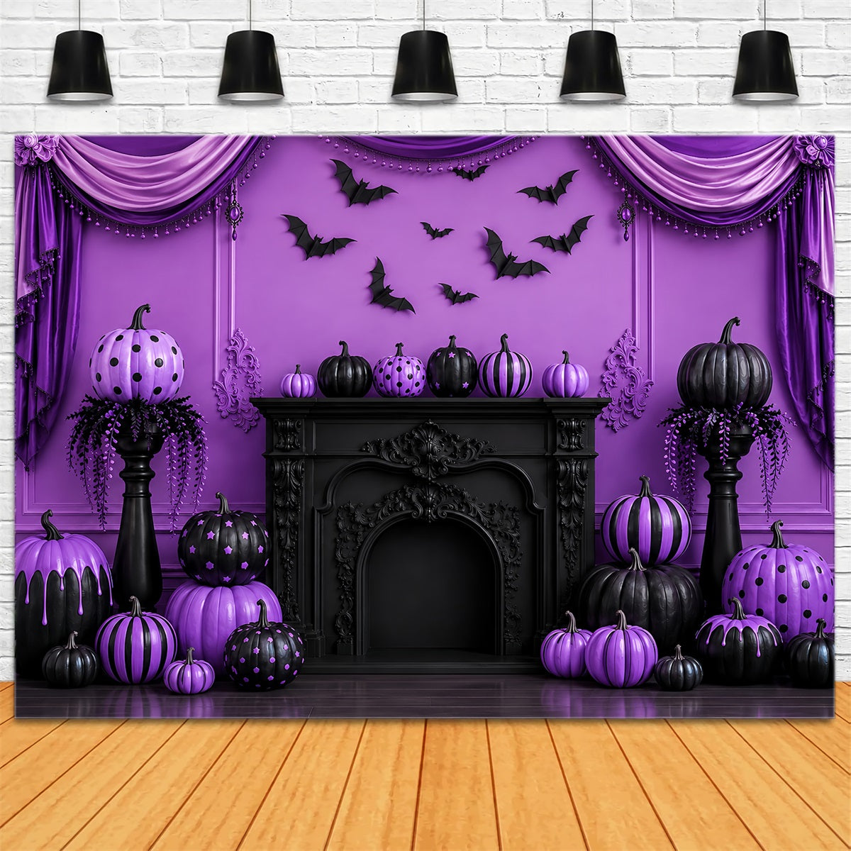 Halloween Stage Backdrop Purple Pumpkin Gothic Fireplace Halloween Photography Backdrops LXX67-144