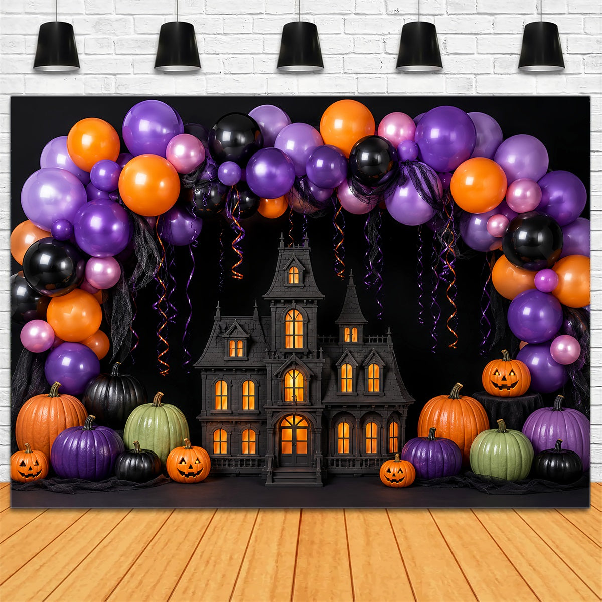 Halloween Baby Shower Backdrop Balloon Arch Haunted Mansion Photography Halloween Backdrop LXX67-145