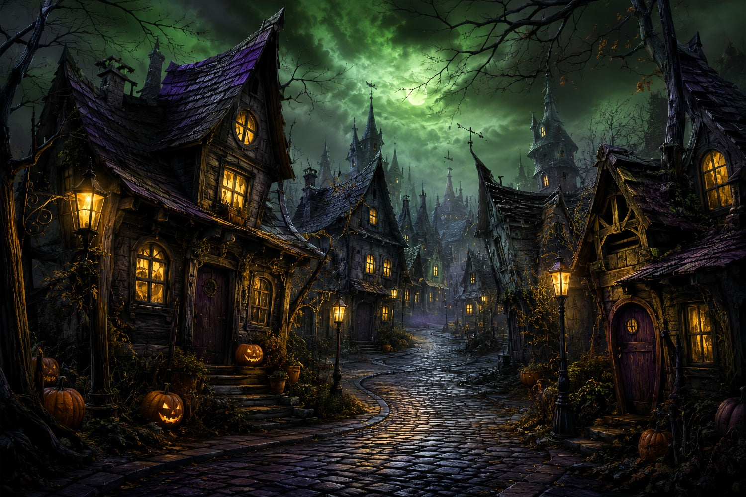 Photography Backdrops Halloween Green Moon Crooked Village Halloween Town Backdrop LXX67-146