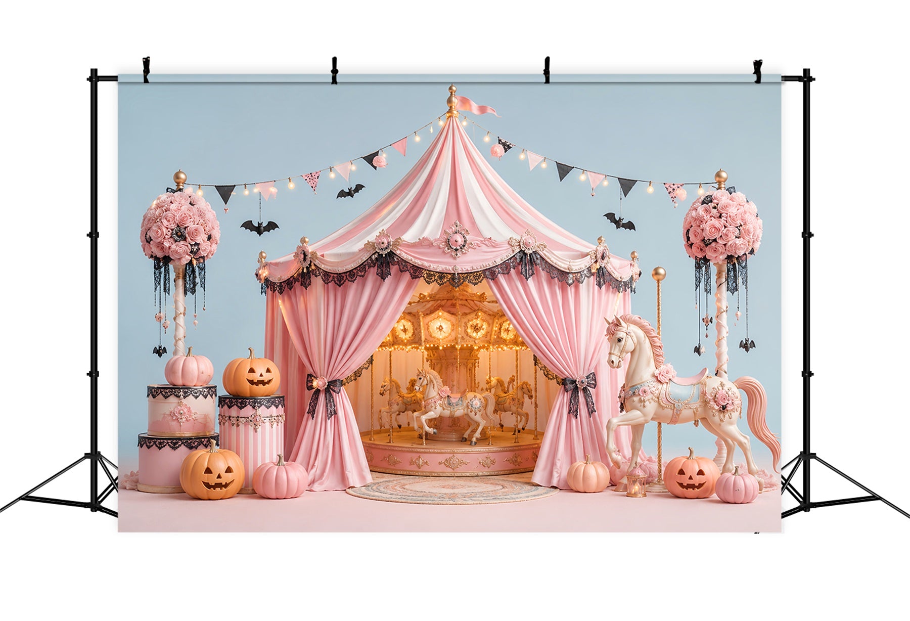 Halloween Backdrops For Pictures Pink Carousel Pumpkin Tent Halloween Circus Backdrop LXX67-148