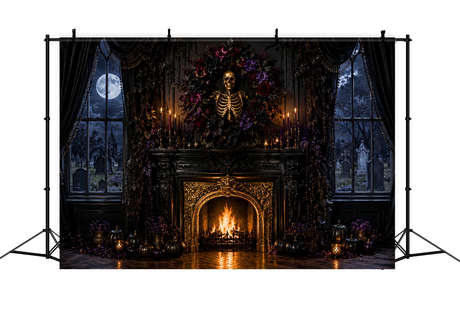 Halloween Backdrop Photography Skeleton Floral Gothic Fireplace Halloween Scary Backdrop LXX67-151