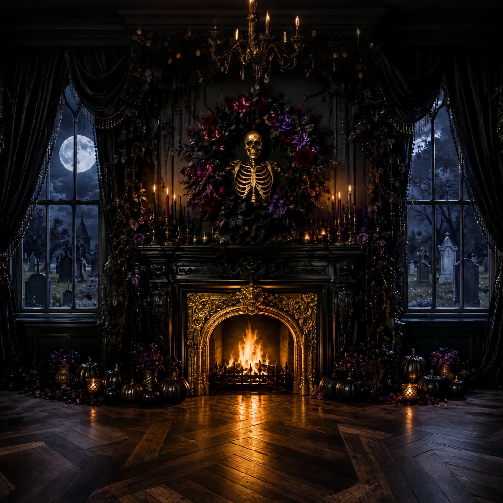 Halloween Backdrop Photography Skeleton Floral Gothic Fireplace Halloween Scary Backdrop LXX67-151