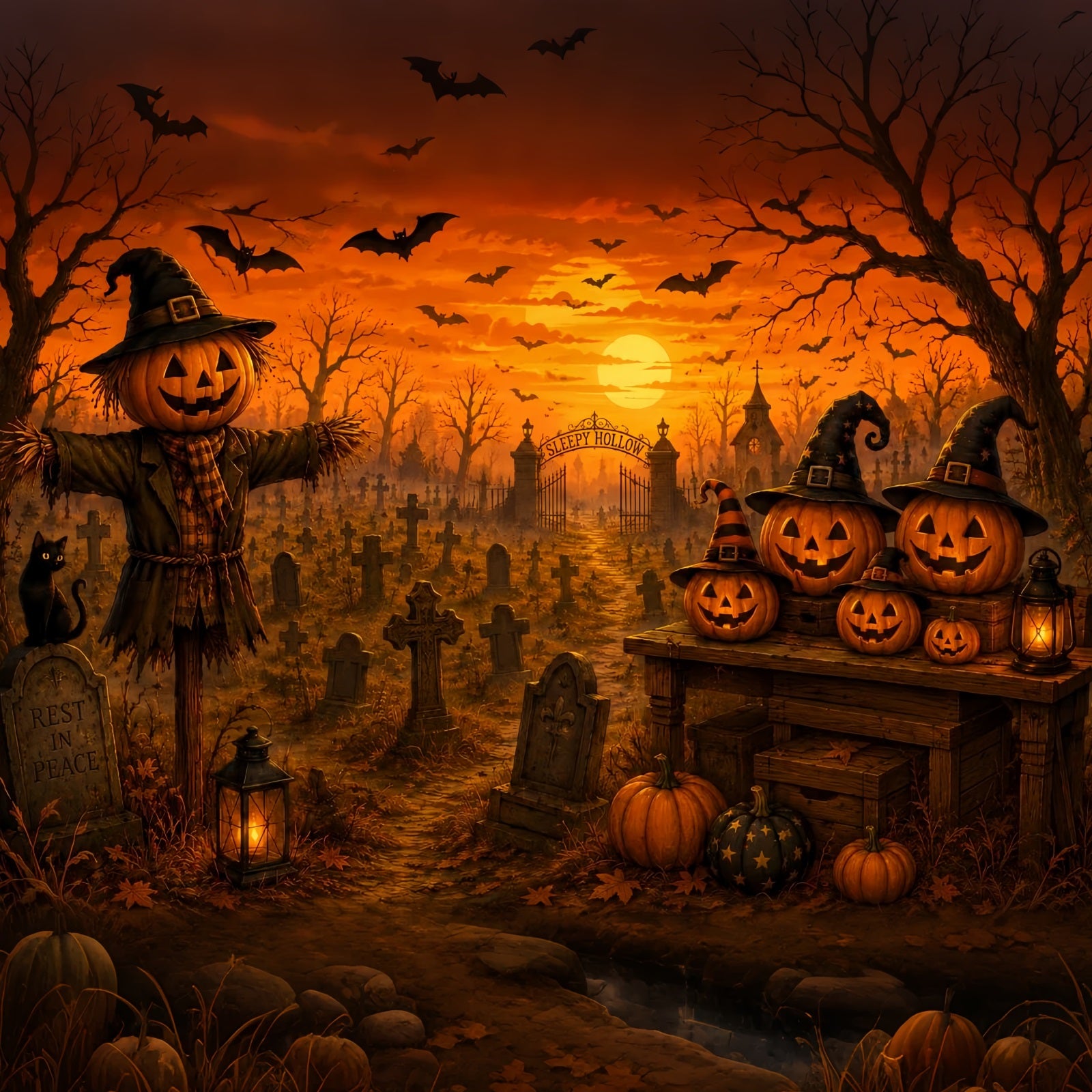 Halloween Cloth Backdrop Scarecrow Pumpkin Cemetery Sunset Graveyard Halloween Backdrops LXX67-152