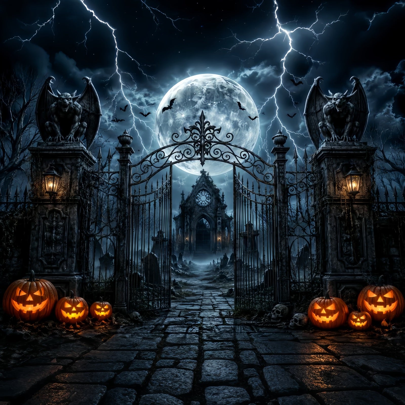 Halloween Party Photo Backdrop Ideas Stormy Gargoyle Cemetery Gateway Creepy Halloween Backdrop LXX67-154