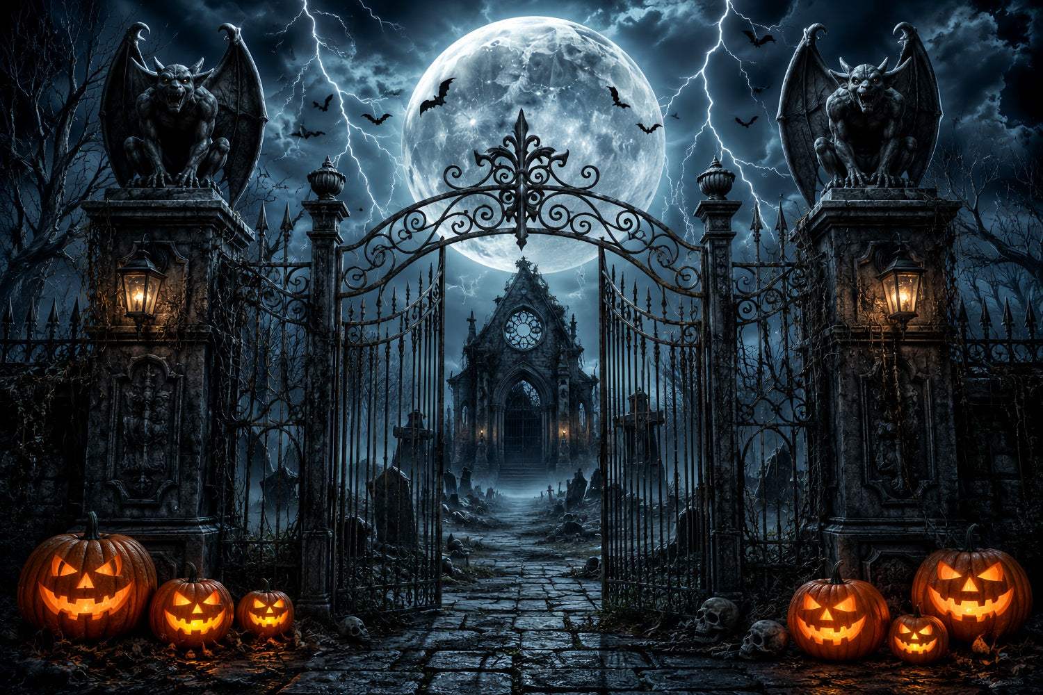Halloween Party Photo Backdrop Ideas Stormy Gargoyle Cemetery Gateway Creepy Halloween Backdrop LXX67-154