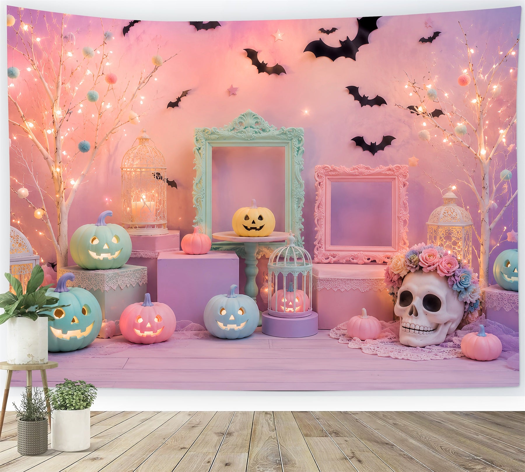 Cute Halloween Backdrops Pastel Pumpkin Skull Display Halloween Backdrops Scene Setters LXX67-165
