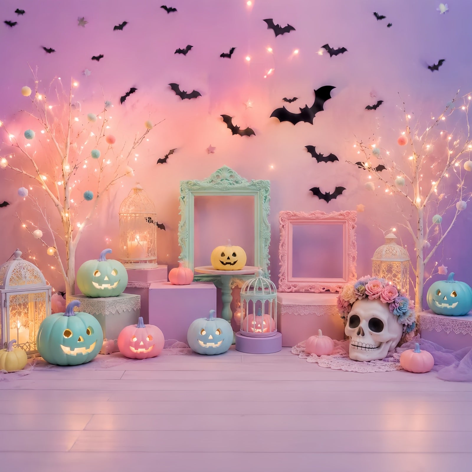 Cute Halloween Backdrops Pastel Pumpkin Skull Display Halloween Backdrops Scene Setters LXX67-165