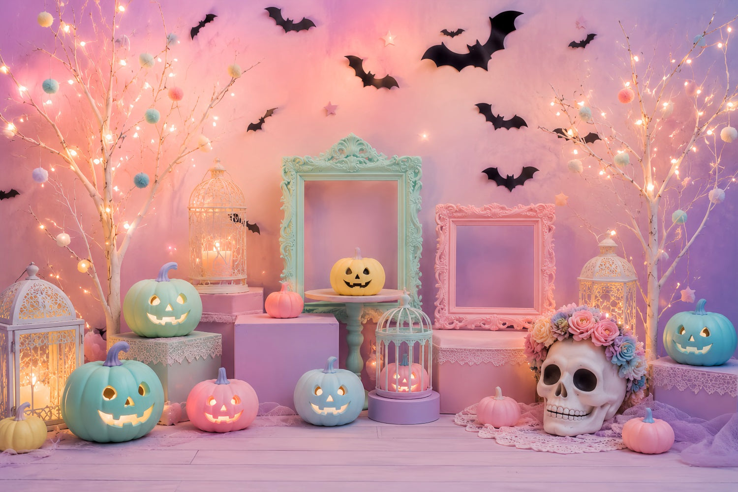 Cute Halloween Backdrops Pastel Pumpkin Skull Display Halloween Backdrops Scene Setters LXX67-165