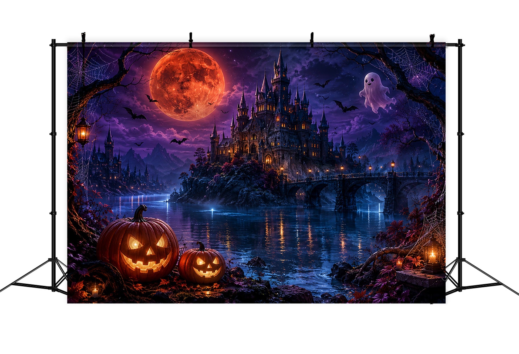 Halloween Moon Backdrop Moonlit Ghost Castle Lake Halloween Photo Backdrops LXX67-167