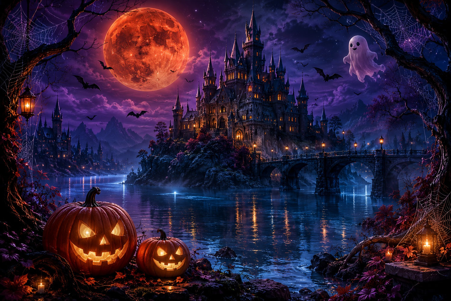 Halloween Moon Backdrop Moonlit Ghost Castle Lake Halloween Photo Backdrops LXX67-167