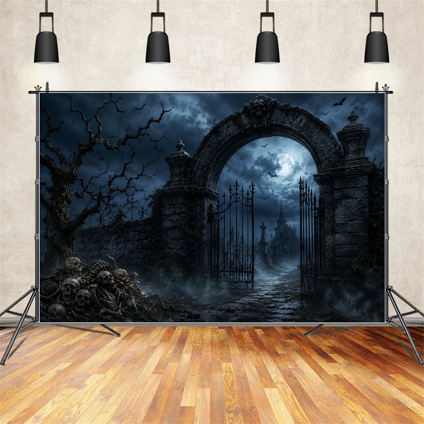 Outdoor Halloween Backdrop Skeleton Graveyard Stone Gateway Spooky Halloween Backdrop LXX67-168