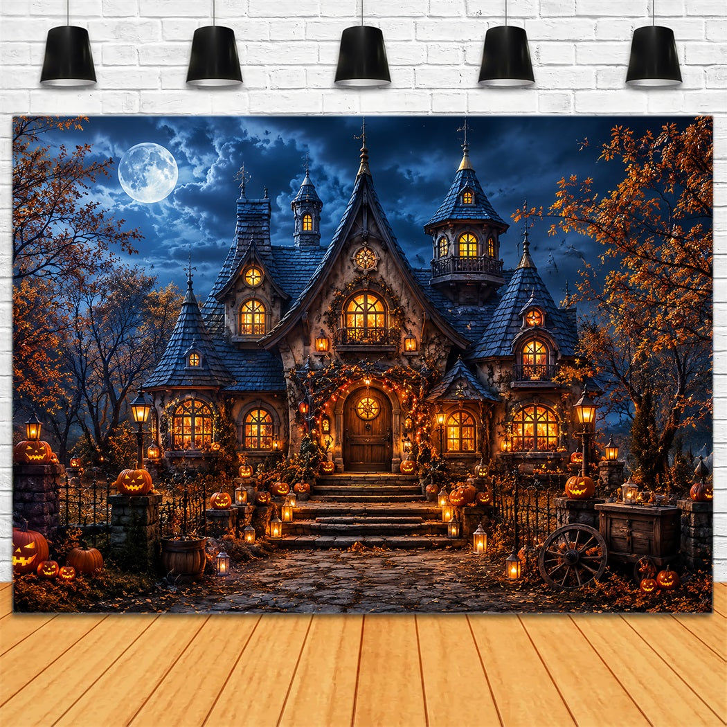 Fall Halloween Backdrop Moonlit Pumpkin Cottage Lanterns Scary Halloween Backdrops LXX67-17