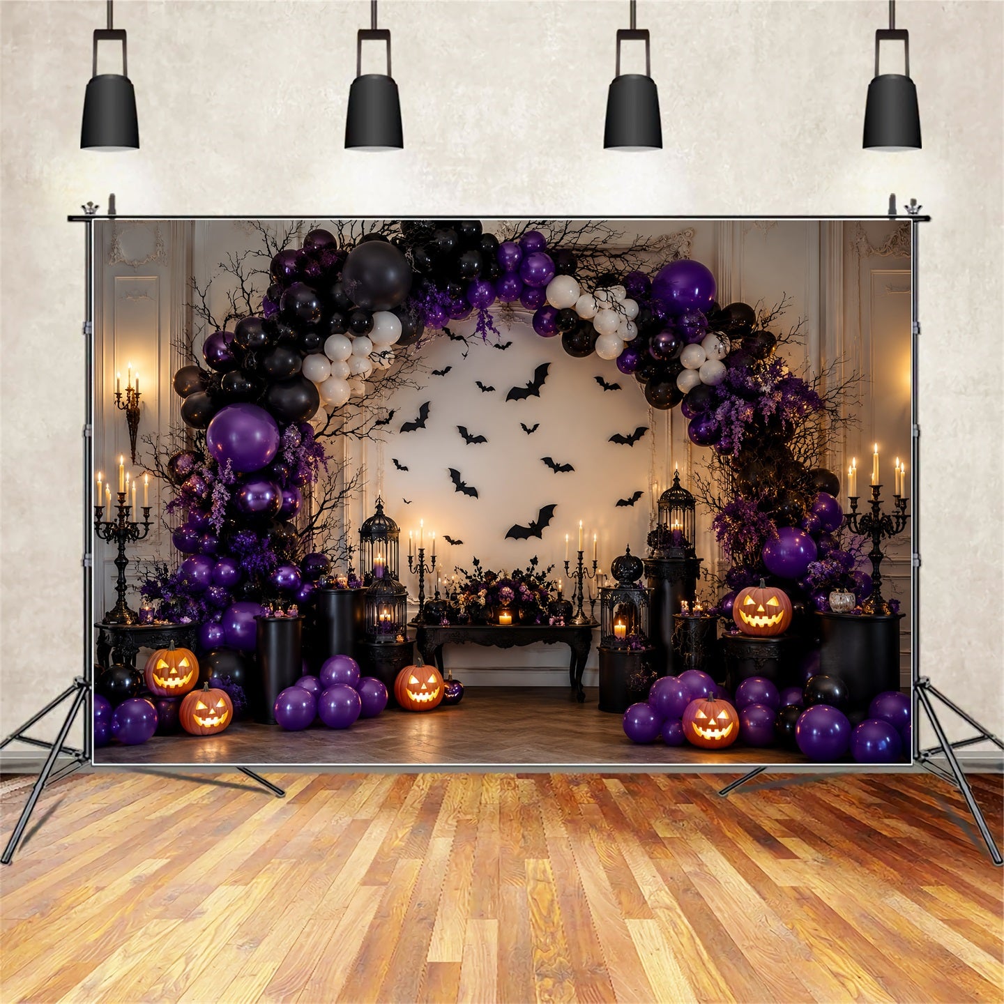 Halloween Pumpkin Backdrop Purple Bat Balloon Arch Halloween Photo Backdrop Ideas LXX67-171