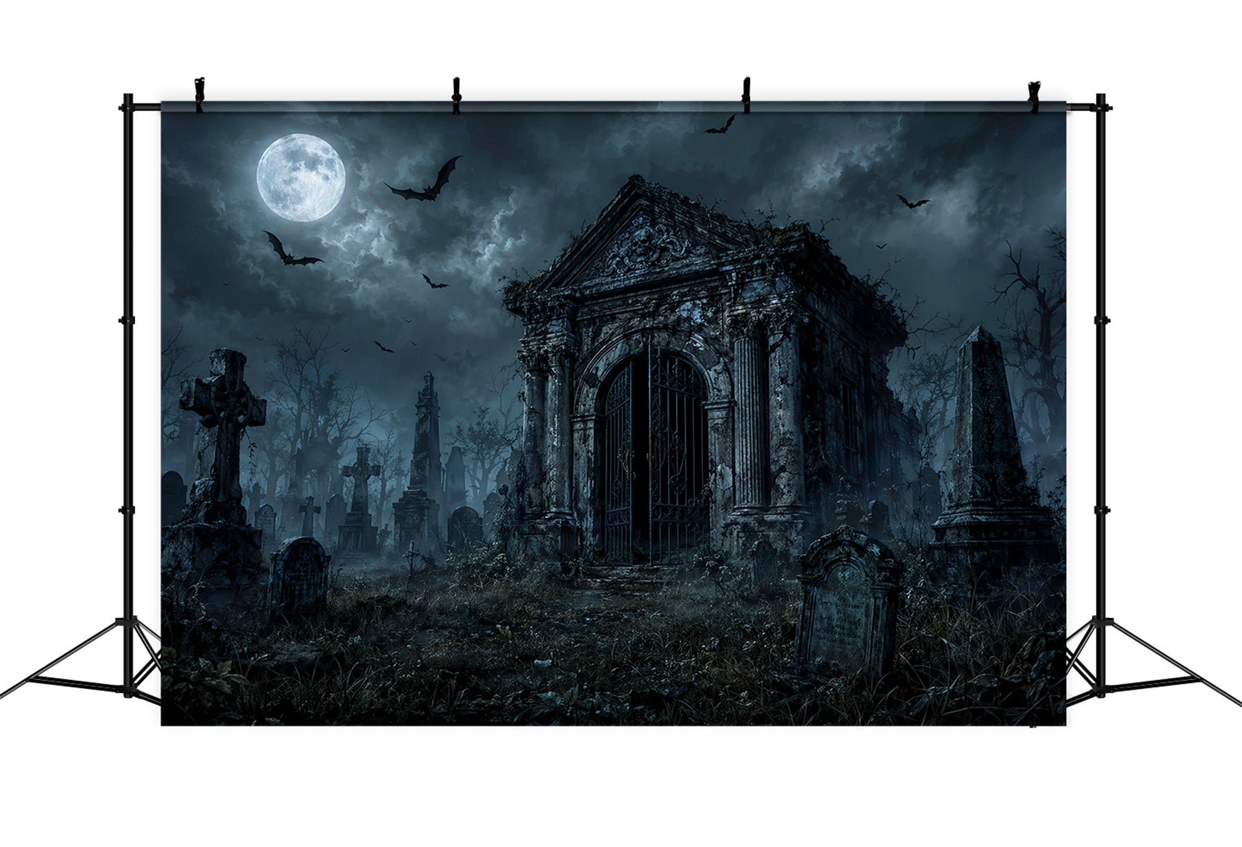 Custom Halloween Backdrop Moonlit Gothic Mausoleum Cemetery Halloween Graveyard Backdrop LXX67-173