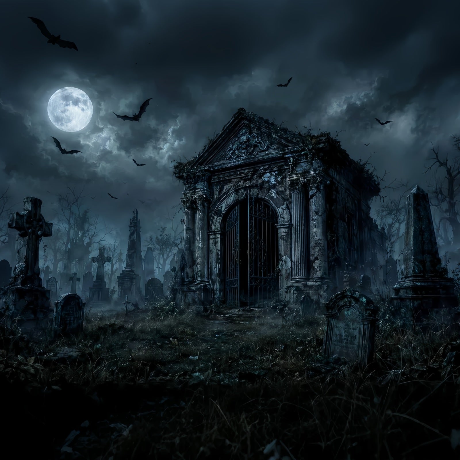 Custom Halloween Backdrop Moonlit Gothic Mausoleum Cemetery Halloween Graveyard Backdrop LXX67-173