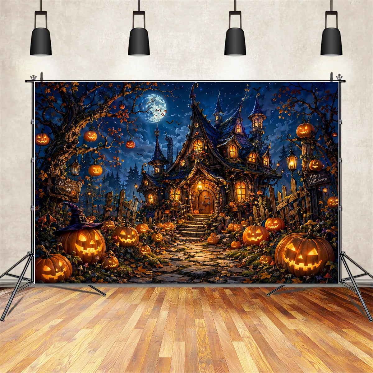 Halloween Castle Backdrop Moonlit Pumpkin Witch Cottage Large Halloween Backdrop LXX67-175