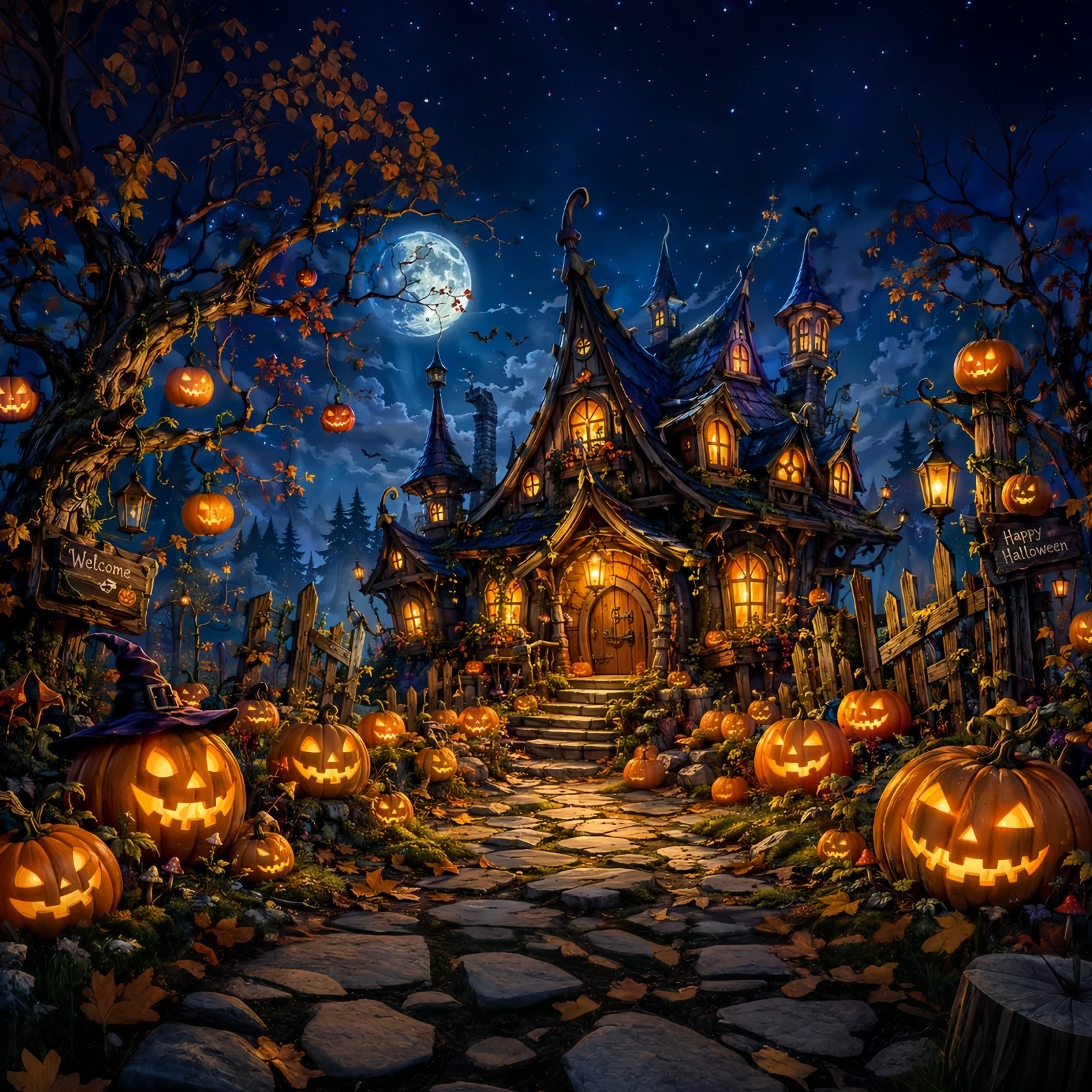 Halloween Castle Backdrop Moonlit Pumpkin Witch Cottage Large Halloween Backdrop LXX67-175