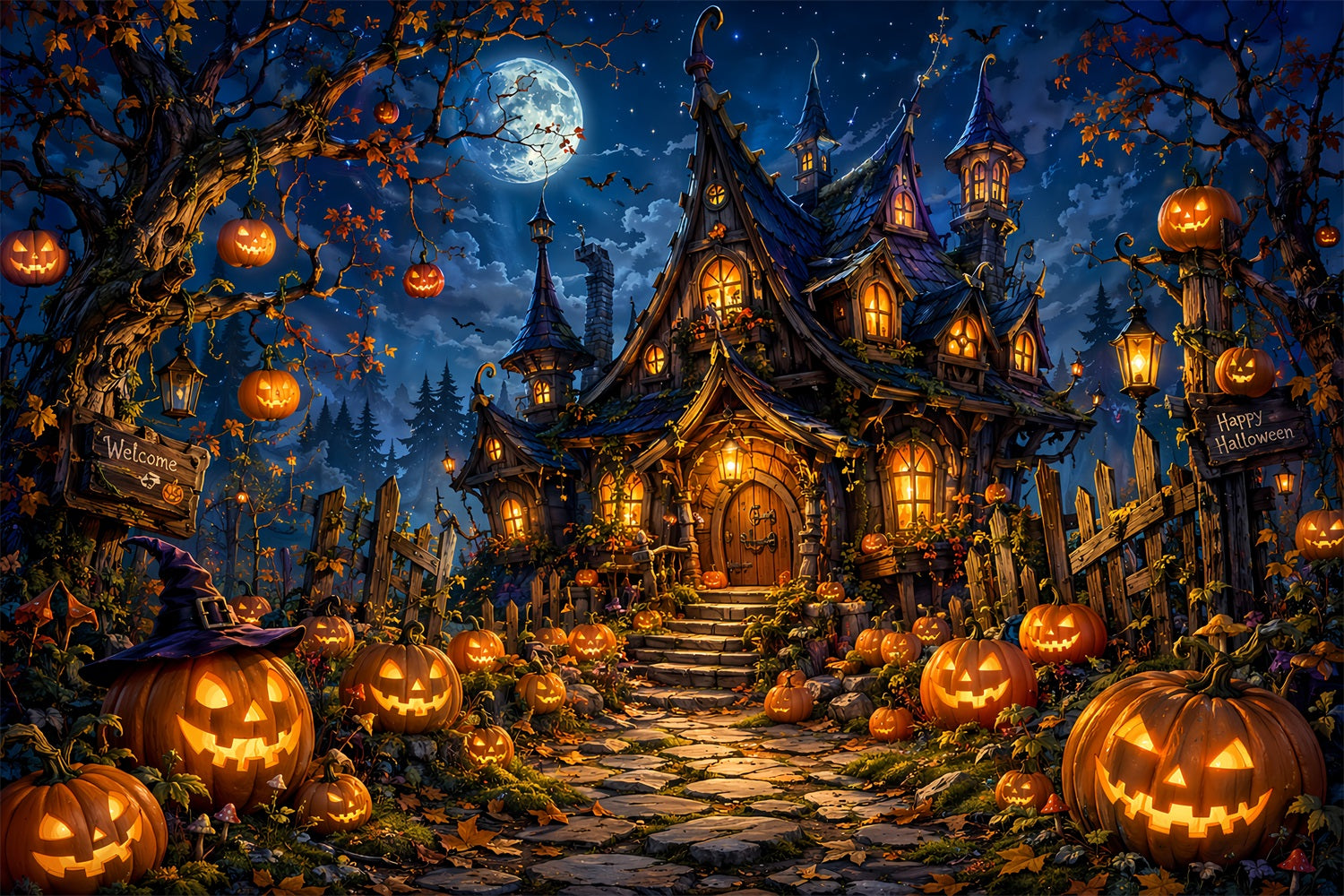 Halloween Castle Backdrop Moonlit Pumpkin Witch Cottage Large Halloween Backdrop LXX67-175