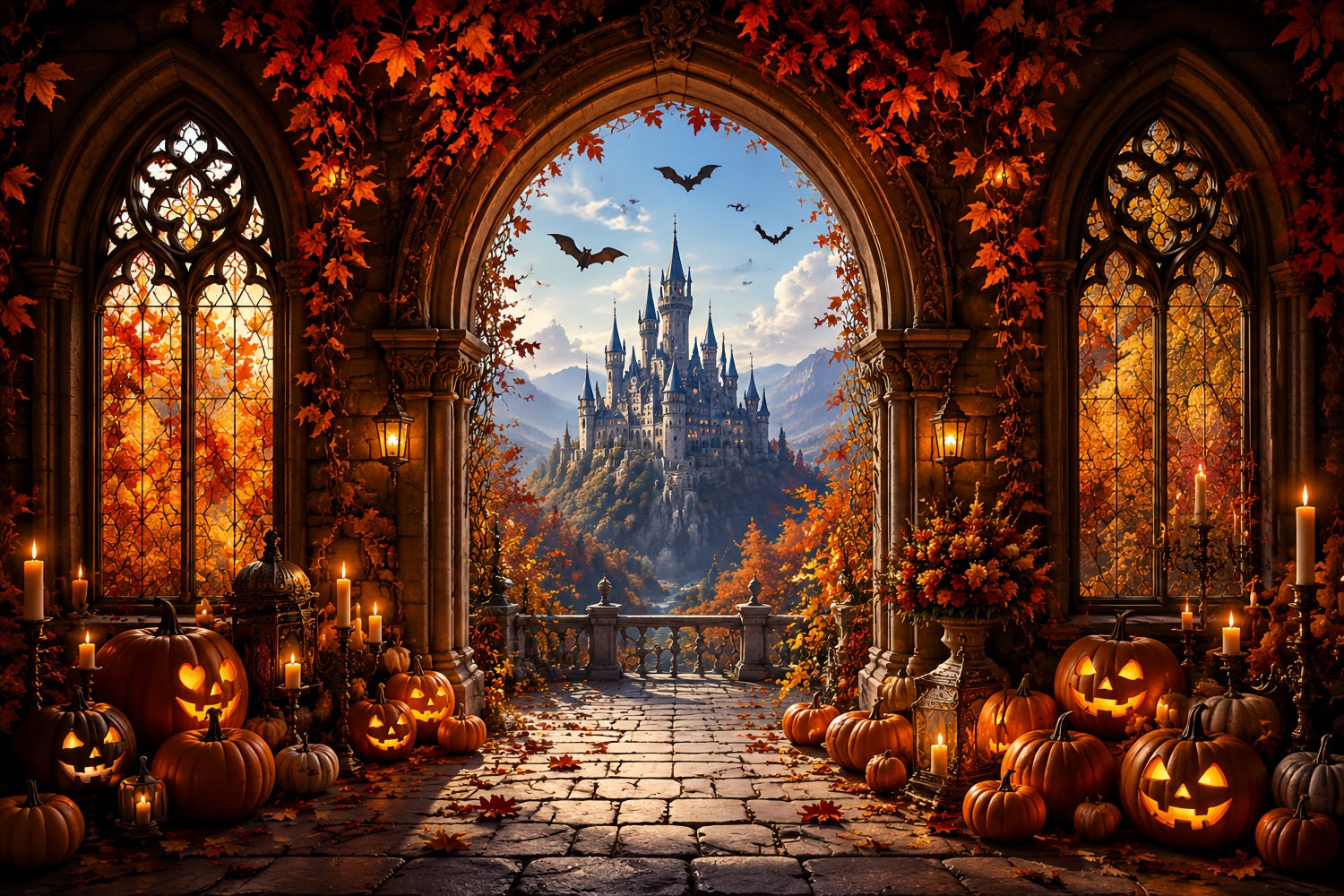 Fall Halloween Backdrop Autumn Pumpkin Castle Archway Scary Halloween Backdrops LXX67-176