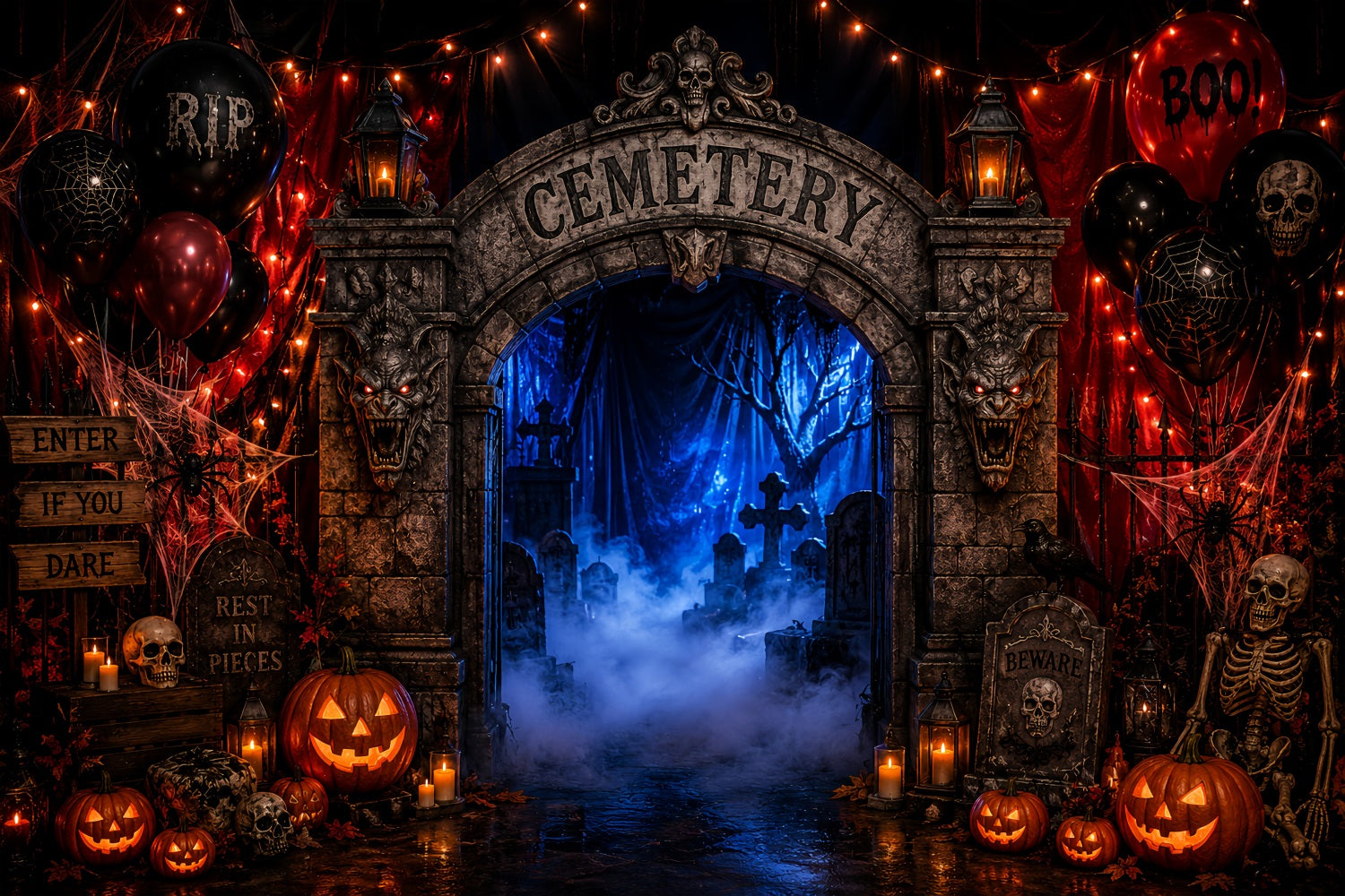 Halloween Cardboard Backdrops Foggy Cemetery Entrance Arch Halloween Photography Backdrop LXX67-178