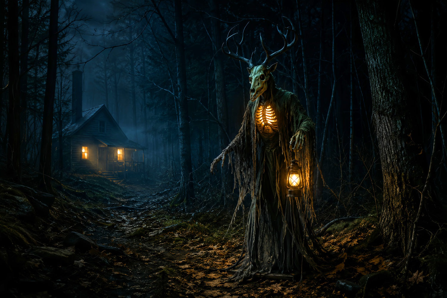 Halloween Backdrop Outdoor Antlered Forest Spirit Cabin Photo Backdrop Halloween LXX67-180