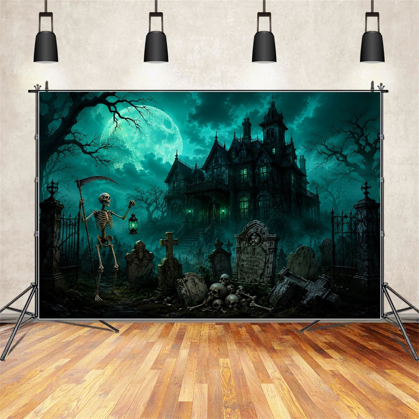 Halloween Graveyard Backdrops Moonlit Skeleton Cemetery Mansion Photo Booth Halloween Backdrop LXX67-181