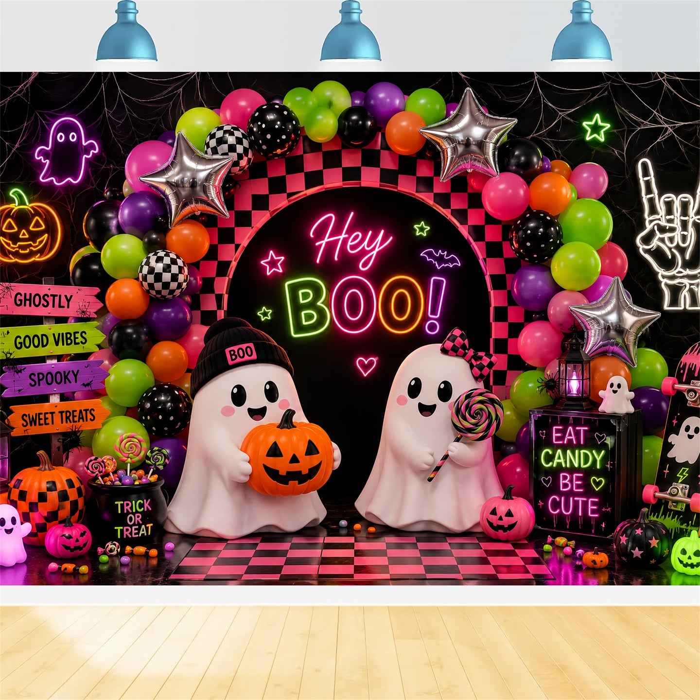 Halloween Backdrop For Photo Booth Neon Ghost Balloon Party Cute Halloween Backdrop LXX67-182
