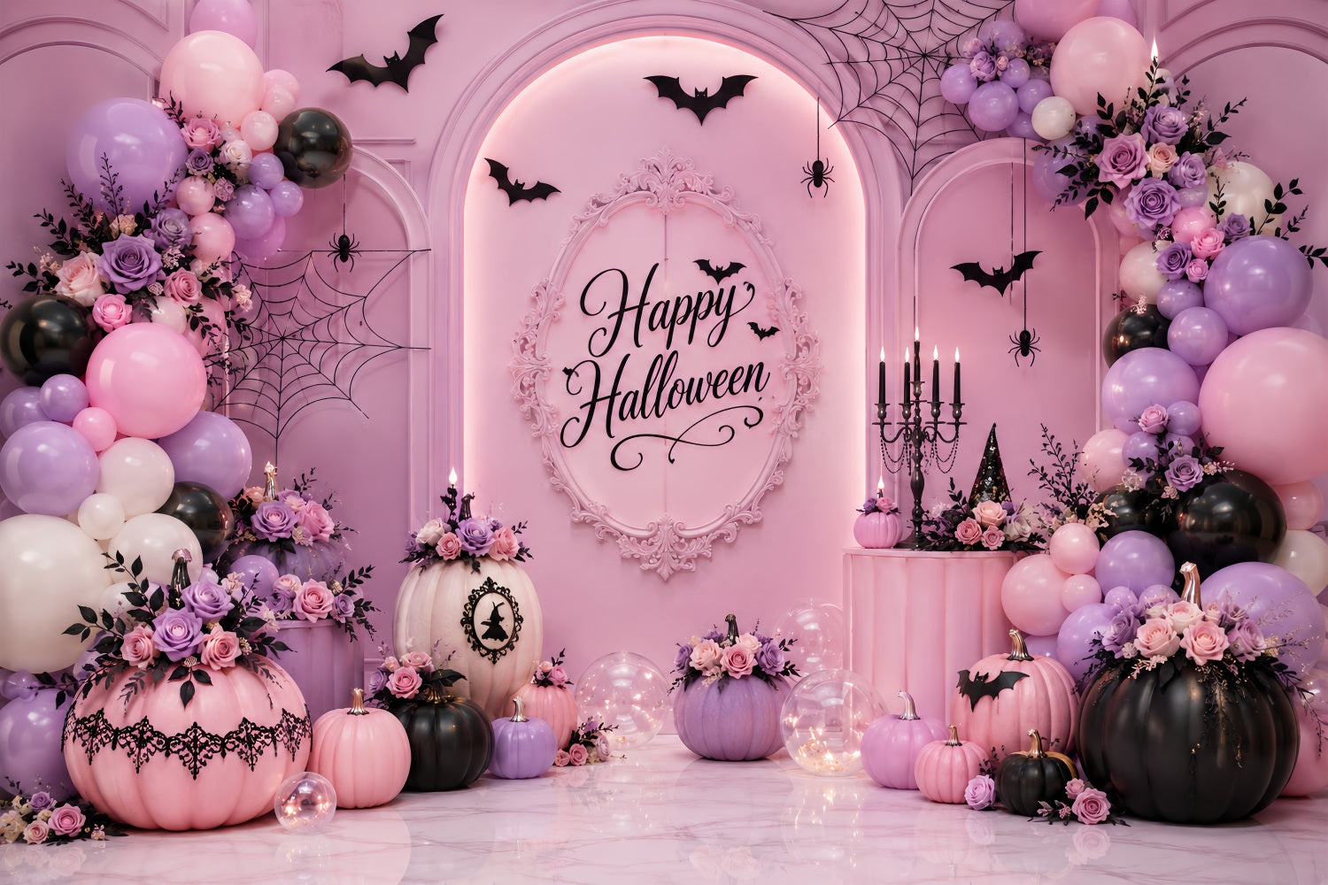 Halloween Picture Backdrops Pastel Pumpkin Floral Balloon Arch Halloween Birthday Backdrop LXX67-185