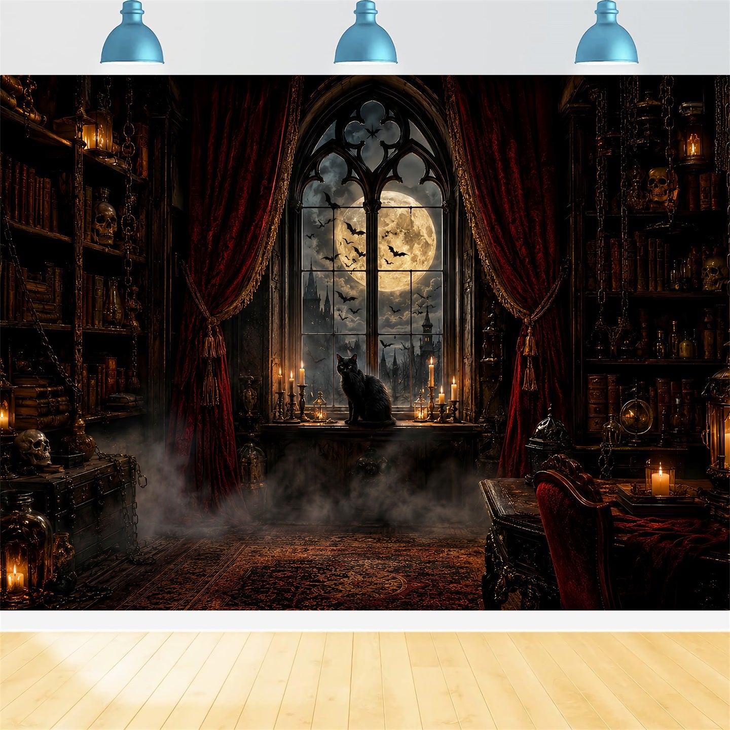 Scary Halloween Backdrop Ideas Moonlit Gothic Cat Library Halloween Photoshoot Backdrop LXX67-187