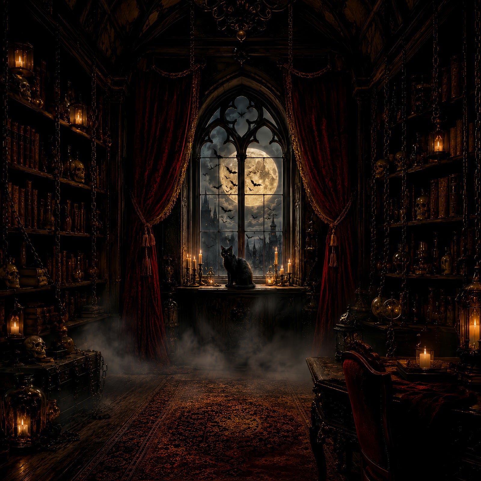 Scary Halloween Backdrop Ideas Moonlit Gothic Cat Library Halloween Photoshoot Backdrop LXX67-187