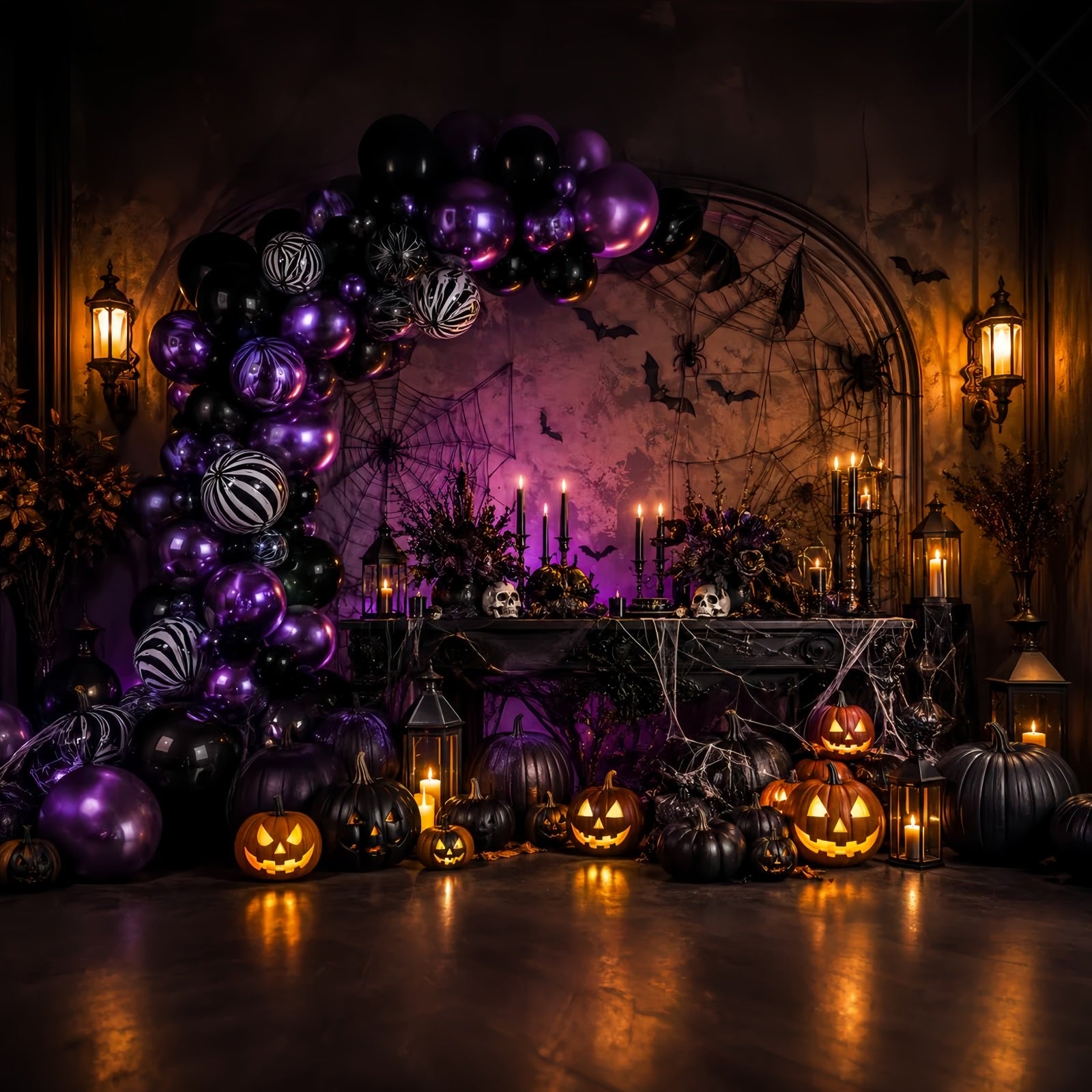 Halloween Balloon Backdrop Purple Pumpkin Spider Web Halloween Themed Backdrop LXX67-189