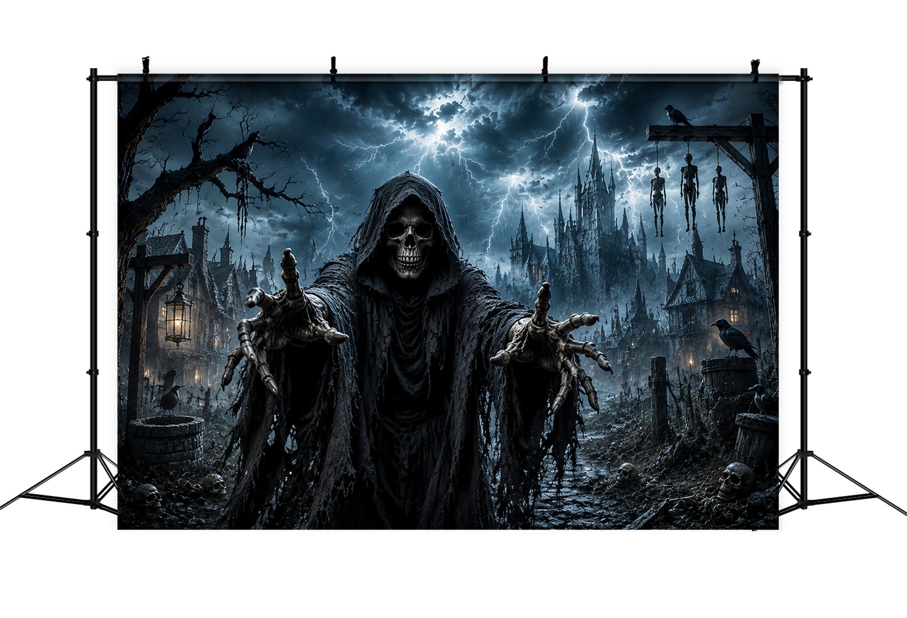 Halloween Ghost Backdrop Grim Reaper Skeleton Village Scary Halloween Backdrop LXX67-19
