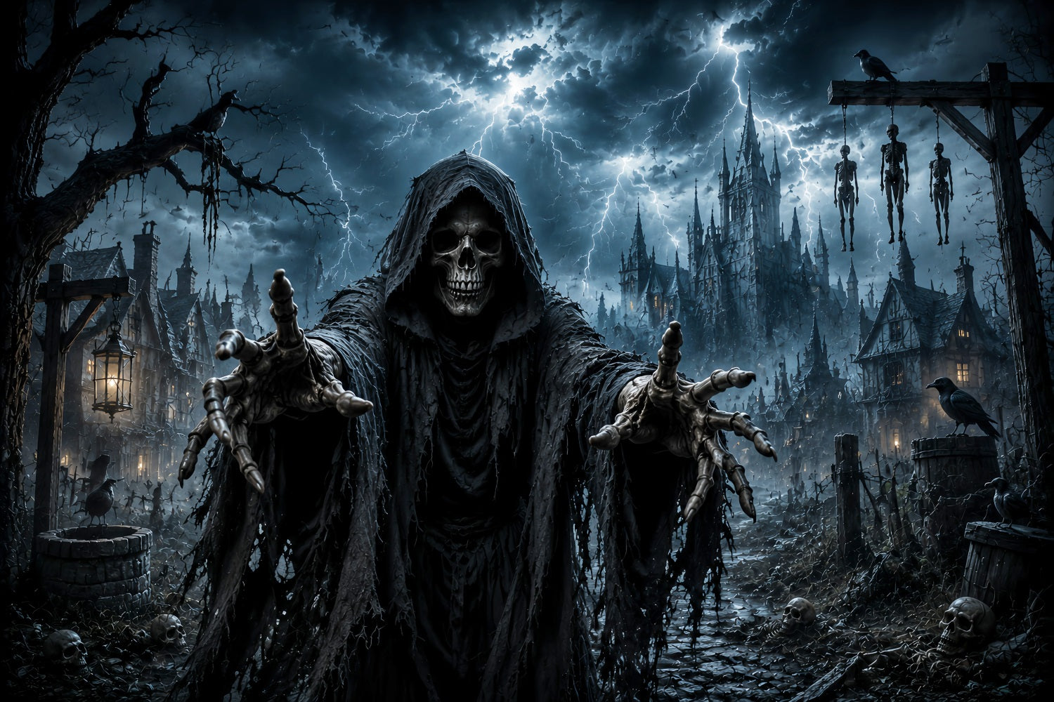 Halloween Ghost Backdrop Grim Reaper Skeleton Village Scary Halloween Backdrop LXX67-19
