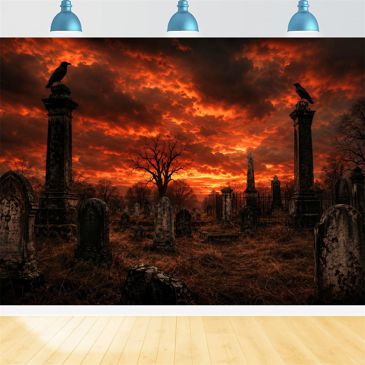 DIY Halloween Backdrop Ideas Fiery Sunset Raven Graveyard Scary Backdrops For Halloween LXX67-190