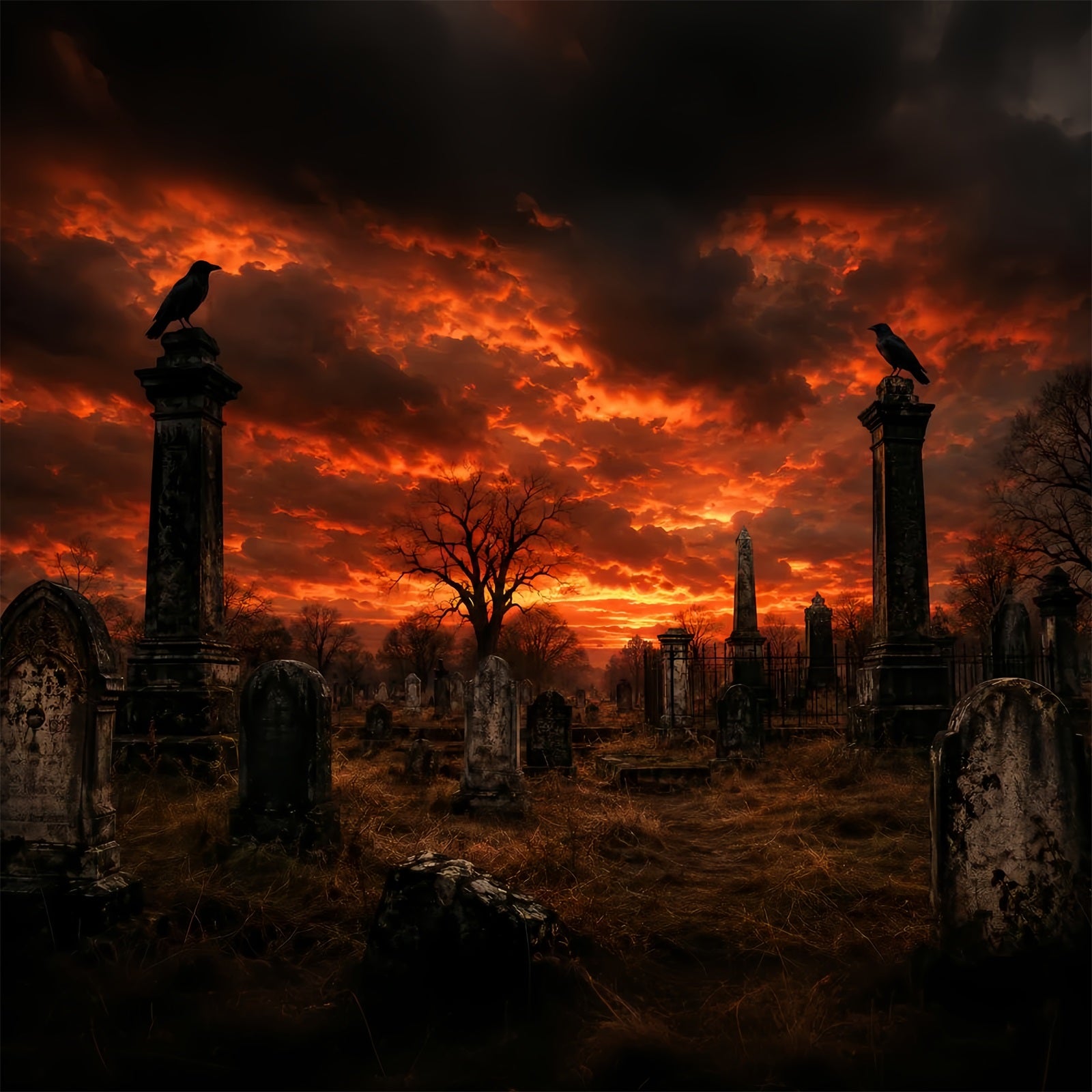 DIY Halloween Backdrop Ideas Fiery Sunset Raven Graveyard Scary Backdrops For Halloween LXX67-190